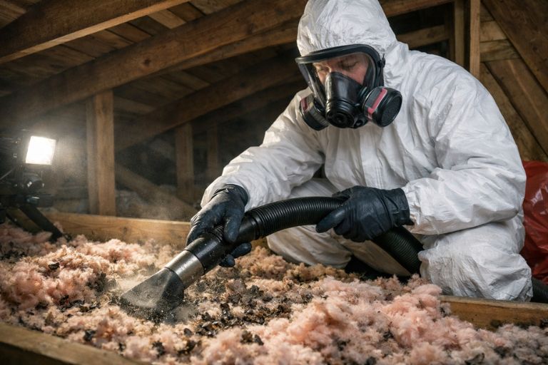 Technician in PPE removing rodent-soiled insulation during attic cleanup